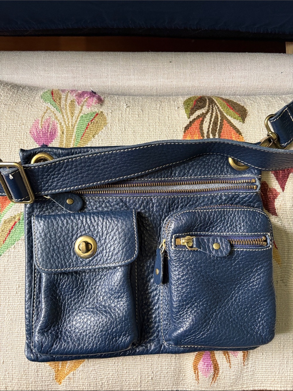 Roots Navy Pebbled Leather Logo Crossbody